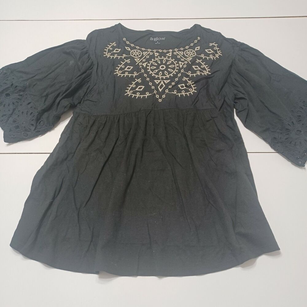 Aglow Women S Smock Blouse Black Bell Cut Out Sleeve Maternity Embroidered Boho